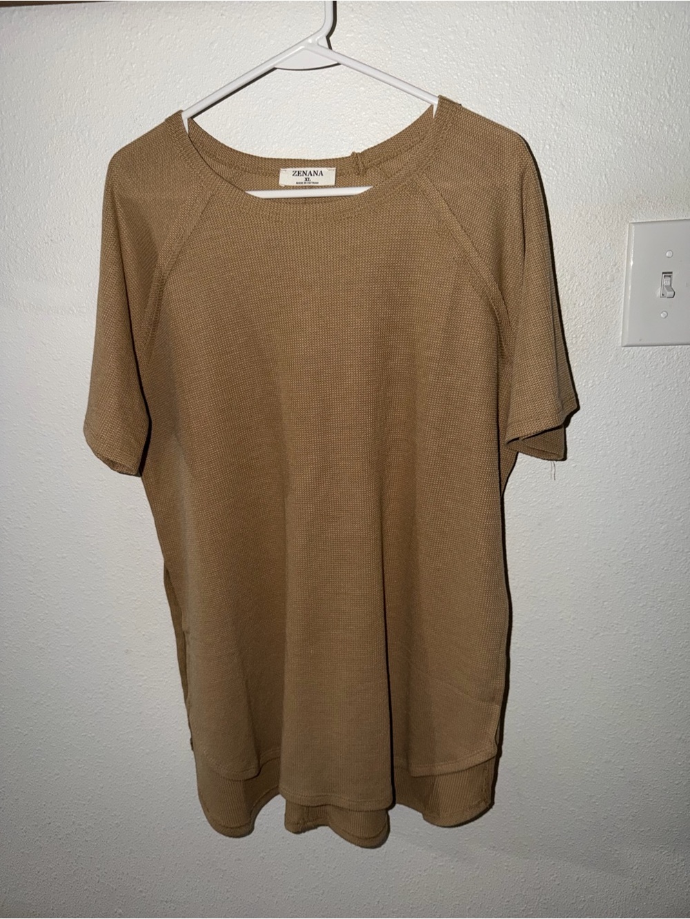 Zenana Outfitters Tan Short Sleeve Longline Tunic Top, side slits